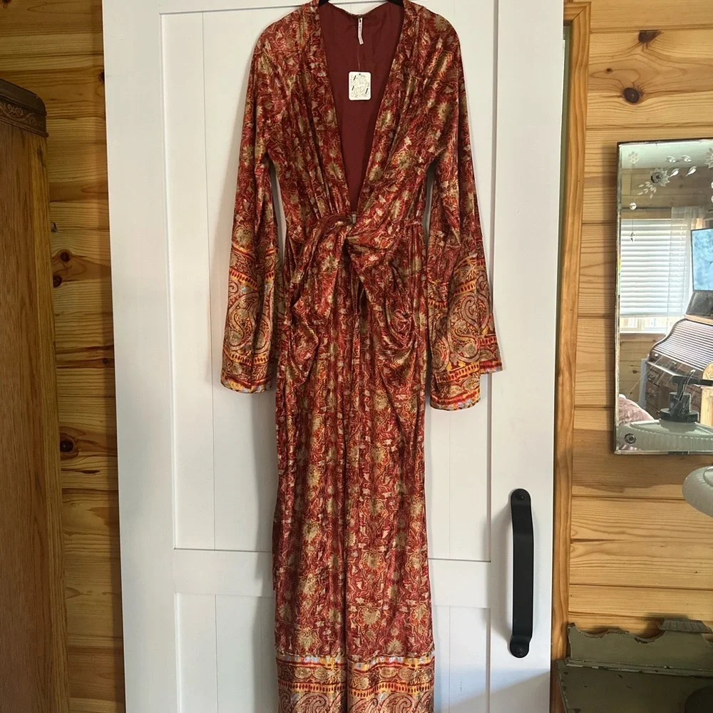 Free People Harper printed one piece Sangria jumpsuit/ jumper velvet
